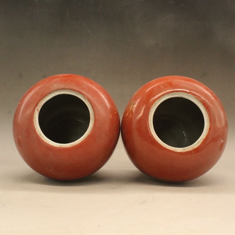 Pair Red Glazed Gilded Crane Porcelain Jar - Image 6