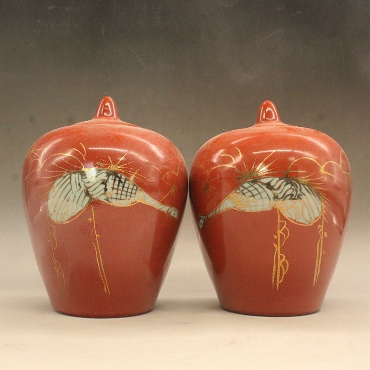 Pair Red Glazed Gilded Crane Porcelain Jar - Image 5