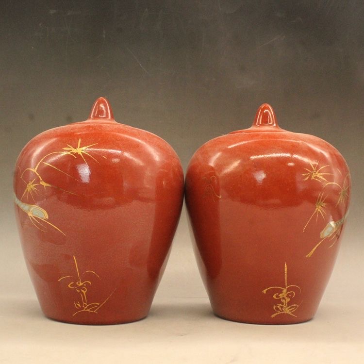 Pair Red Glazed Gilded Crane Porcelain Jar - Image 4