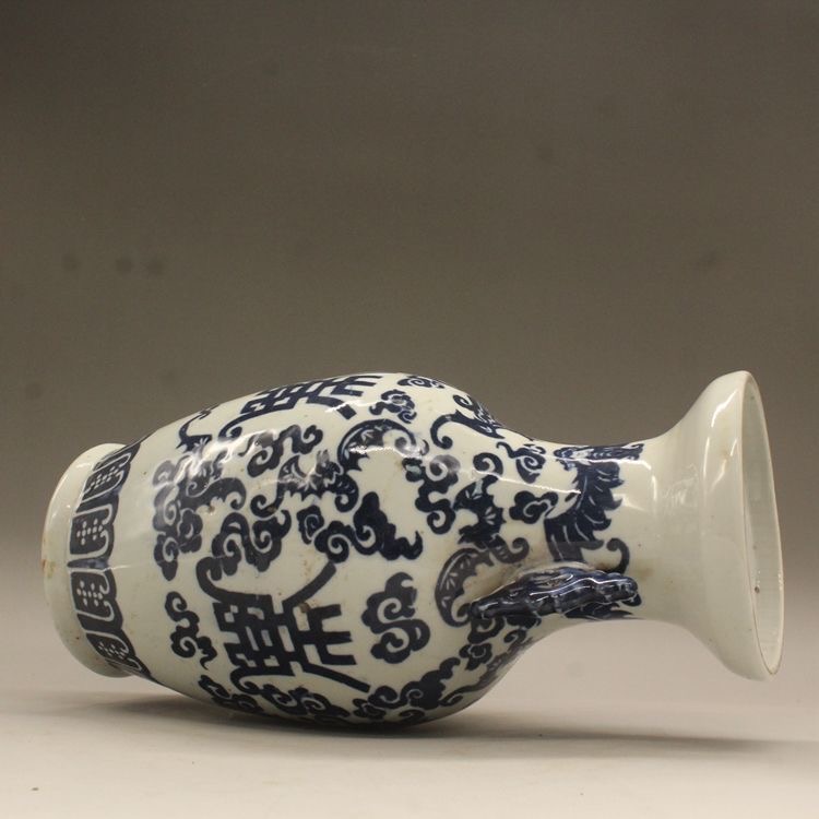 Pair Antique Qing Blue & White Eared Porcelain Vase - Image 3