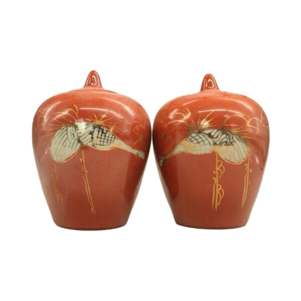 Pair Red Glazed Gilded Crane Porcelain Jar